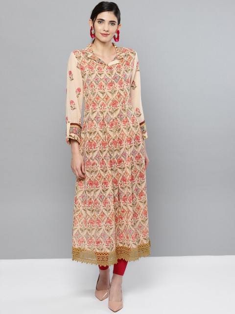 

Ritu Kumar Women Beige & Pink Printed A-Line Kurta