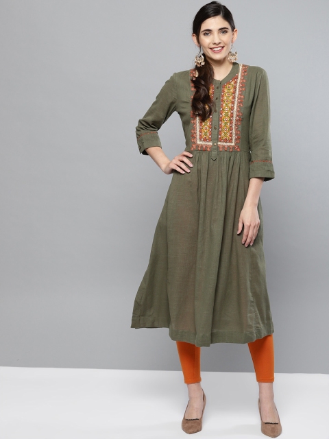 

Ritu Kumar Women Olive Green Yoke Design A-Line Kurta