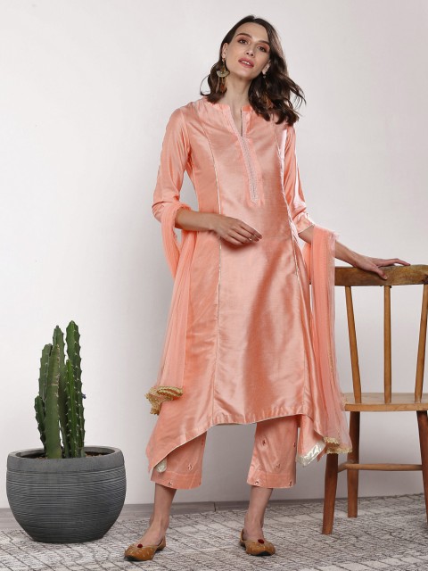 

Sangria Women Peach-Coloured Solid Kurta with Trousers & Dupatta