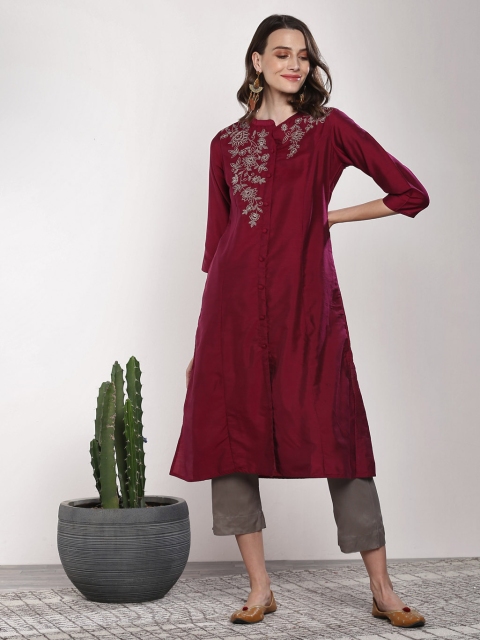 

Sangria Women Maroon & Grey Yoke Design Kurta with Trousers & Dupatta