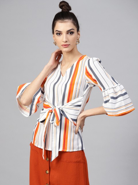 

Popnetic Women White & Orange Striped Cinched Waist Top