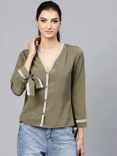 

Popnetic Women Olive Green Solid Shirt Style Top
