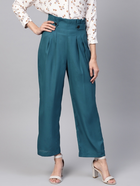 

Popnetic Women Teal Green Loose Fit Solid Regular Trousers