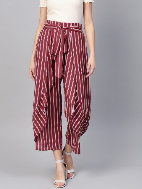 

Popnetic Women Maroon & White Loose Fit Striped Regular Trousers