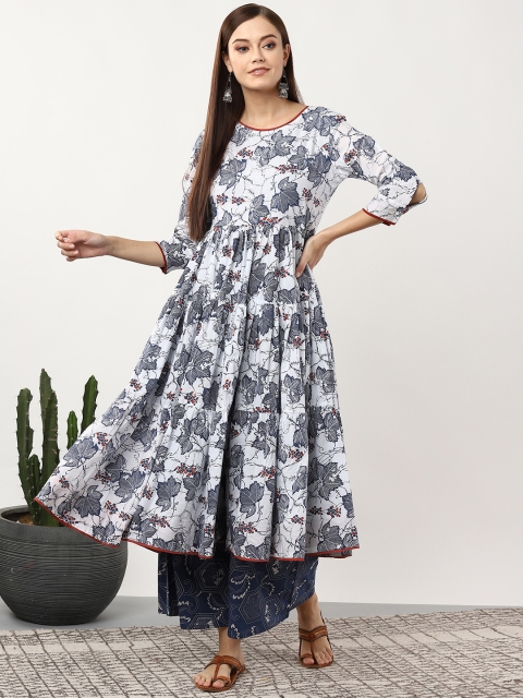 

Sangria Women White & Navy Blue Printed Kurta with Palazzos