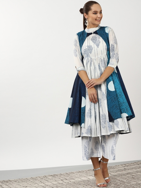 

Sangria Women White & Blue Printed Layered Empire Anarkali Kurta with Palazzos