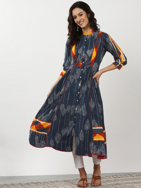 

Sangria Women Navy Blue & White Printed A-Line Kurta