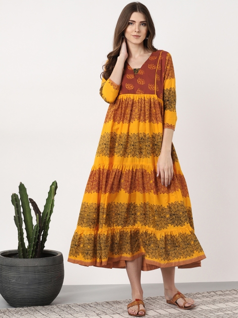 

Sangria Women Mustard Yellow & Rust Brown Printed Tiered Fusion Empire Dress