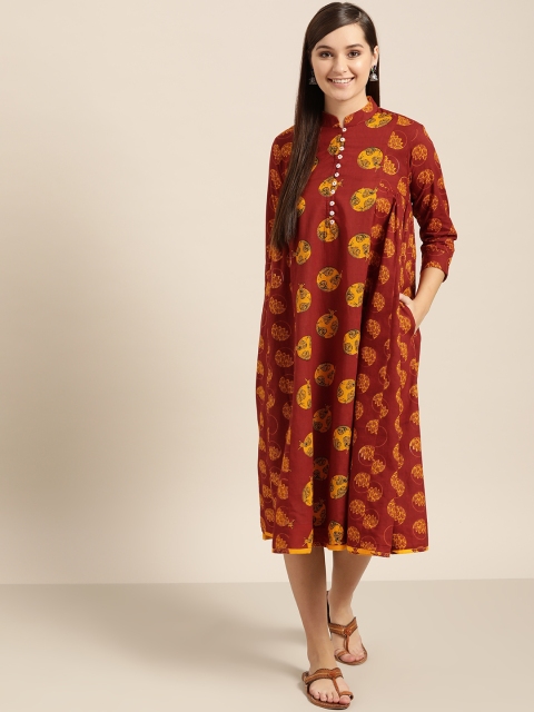 

Sangria Women Rust Red & Yellow Printed Midi A-Line Dress