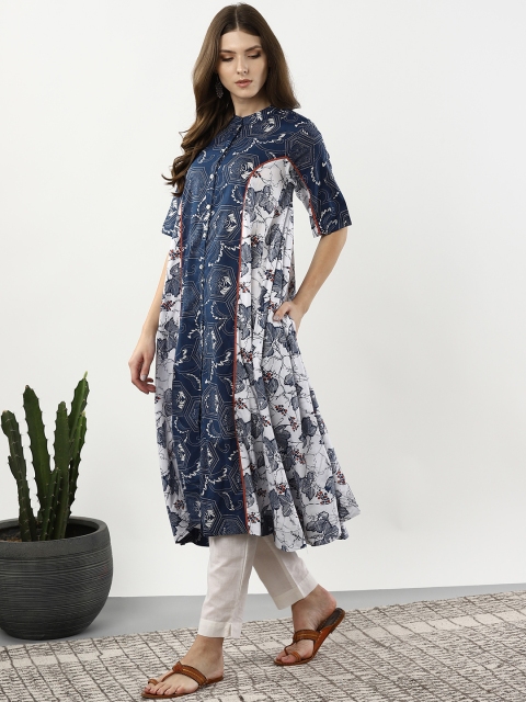 

Sangria Women White & Blue Printed Anarkali Kurta
