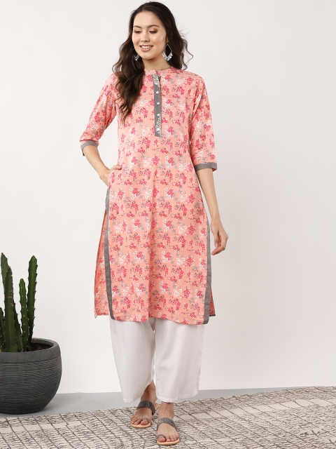 

Sangria Women Peach-Coloured & Pink Floral Printed Straight Kurta