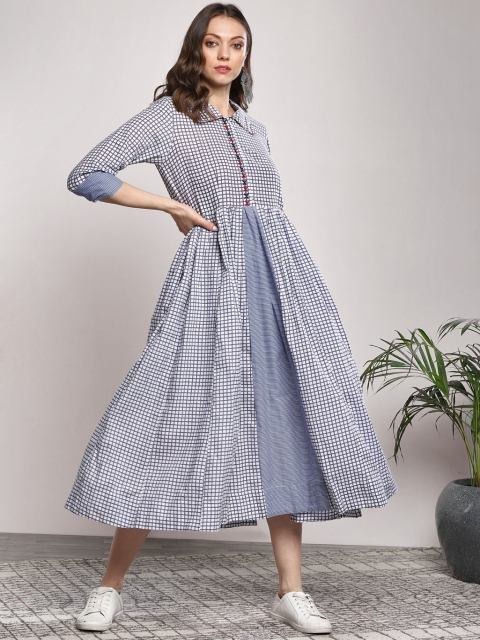 

Sangria Women Off-White & Black Checked Midi Fit & Flare Dress