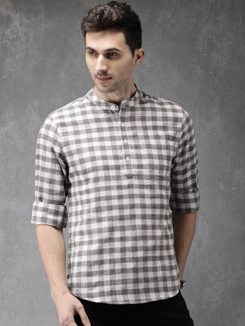 

Anouk Men Grey & White Checked Straight Kurta