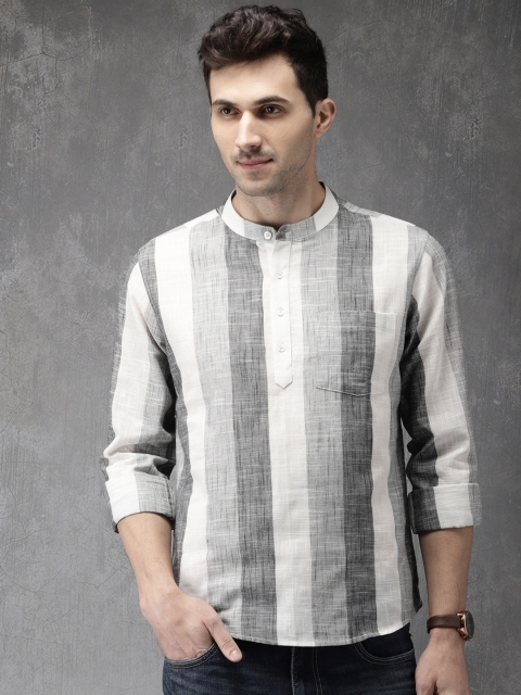 

Anouk Men Grey & White Striped Straight Kurta