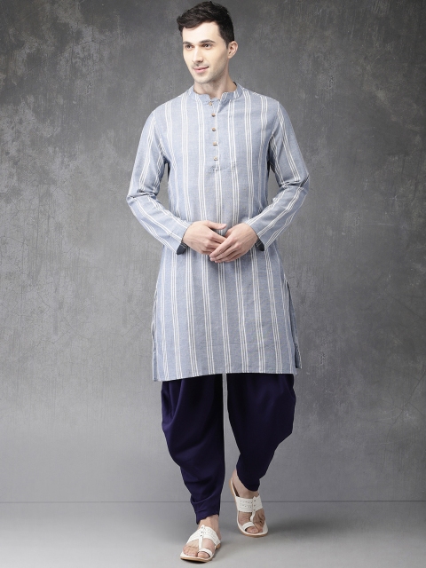 

Anouk Men Blue & Off-White Striped Kurta with Dhoti Pants, Navy blue