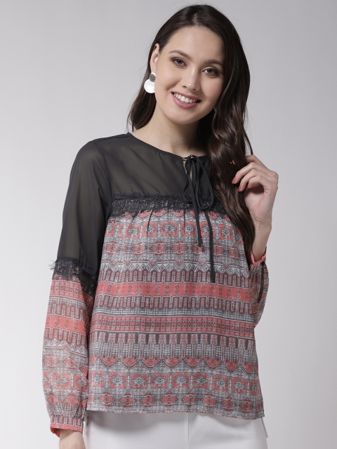 

QUIERO Women Charcoal Grey & Peach-Coloured Printed Top