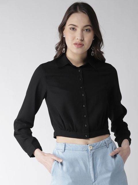 

QUIERO Women Black Regular Fit Solid Cropped Casual Shirt