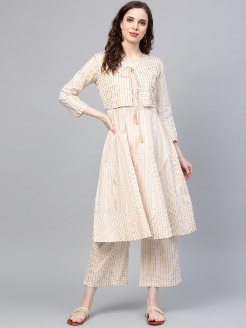 

Indo Era Women Off-White & Golden Striped Kurta with Palazzos & Ethnic Jacket