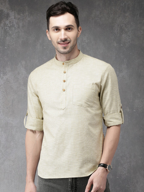 

Anouk Men Beige & Black Checked Straight Kurta