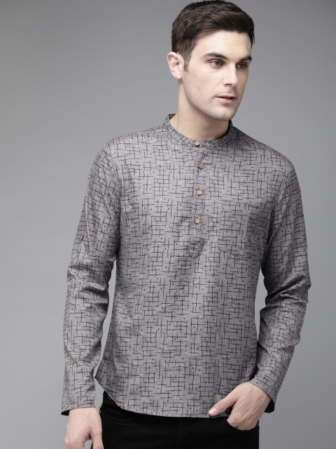 

Anouk Men Grey & Black Printed Straight Kurta
