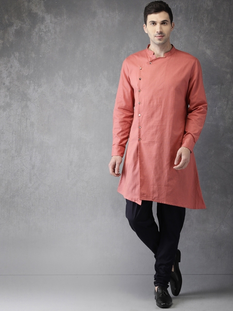 

Anouk Men Peach-Coloured Solid Kurta with Navy Blue Churidar