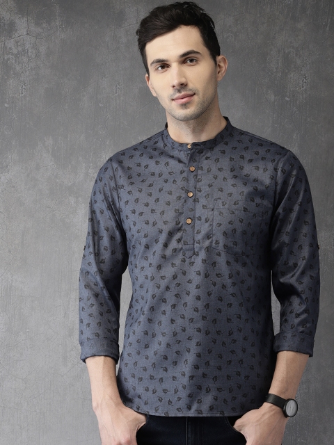 

Anouk Men Navy Blue & Black Leaf Print Straight Kurta