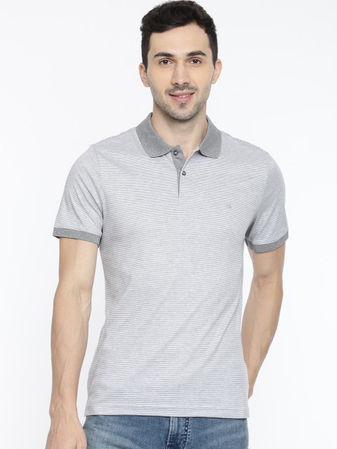 

Calvin Klein Jeans Men Grey & White Striped Polo Collar T-shirt