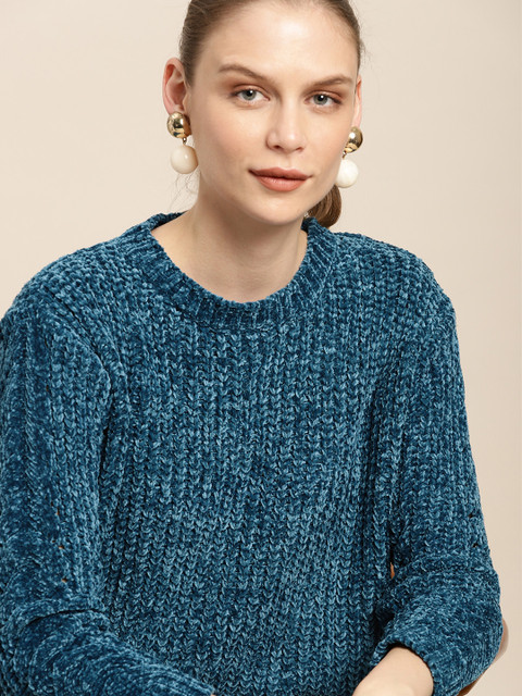 

her by invictus Women Teal Blue Self Design Sweater