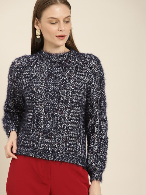 

her by invictus Women Navy Blue & White Self Design Sweater