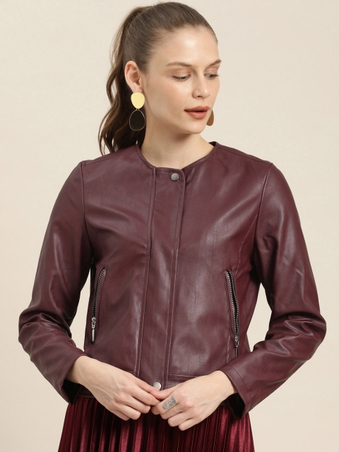 

her by invictus Women Burgundy Solid Biker Jacket Jacket