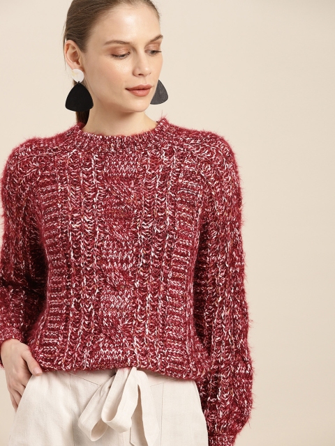 

her by invictus Women Burgundy Self Design Sweater