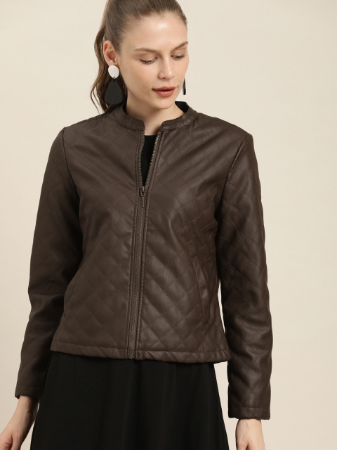 

her by invictus Women Brown Solid Biker Jacket