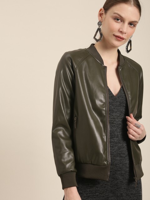 

her by invictus Women Olive Green Solid Bomber Jacket