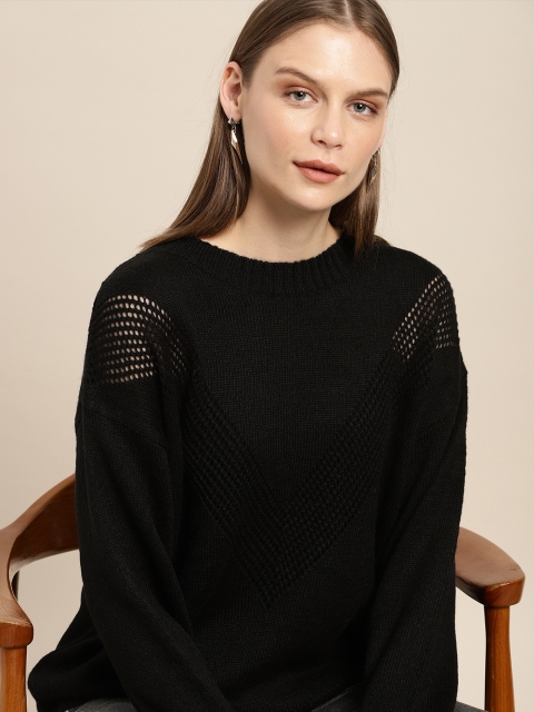 

her by invictus Women Black Self Design Sweater