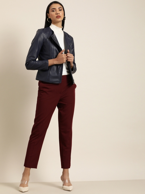 

her by invictus Women Navy Blue Solid Asymmetric Closure Biker Jacket