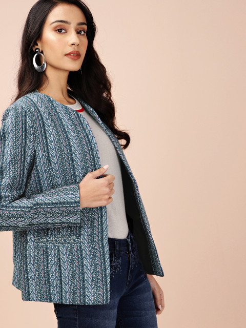 

all about you Women Blue Self Design Casual Tailored Jacket