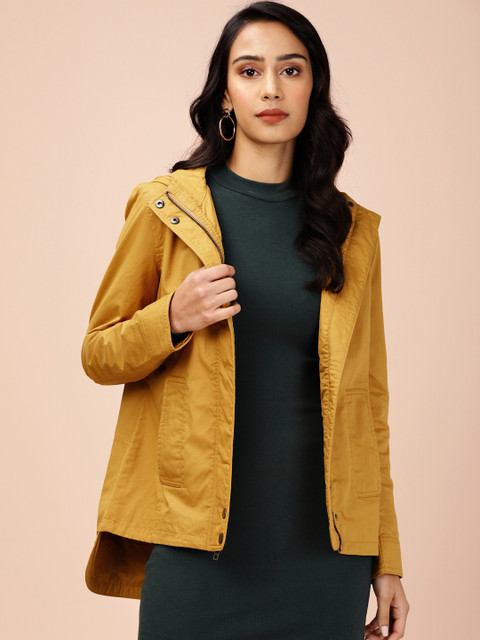 

all about you Women Mustard Solid Hooded Tailored Parka Jacket