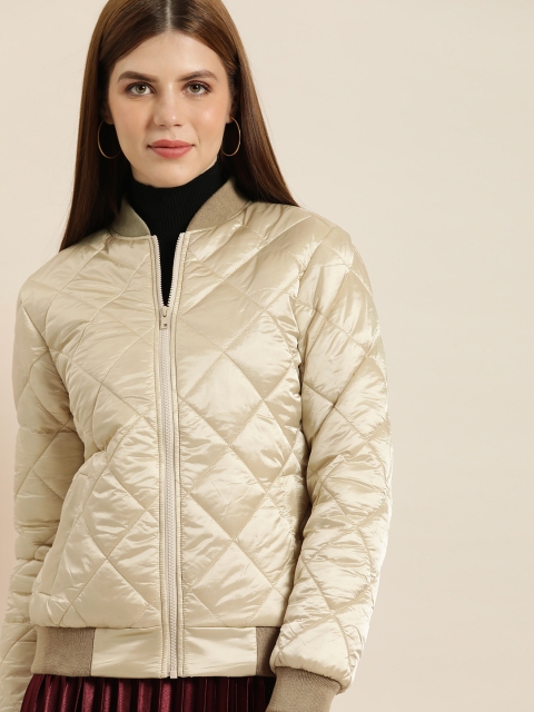 

all about you Women Off-White Solid Quilted Bomber