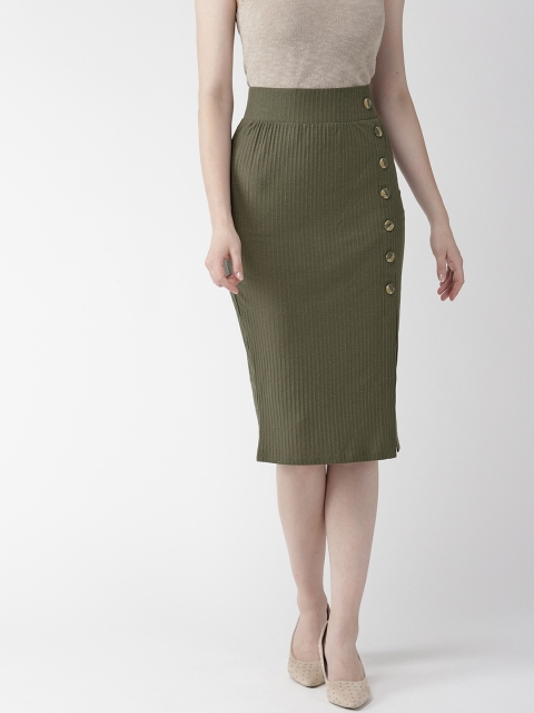 

Marks & Spencer Women Olive Green Self-Striped Pencil Skirt