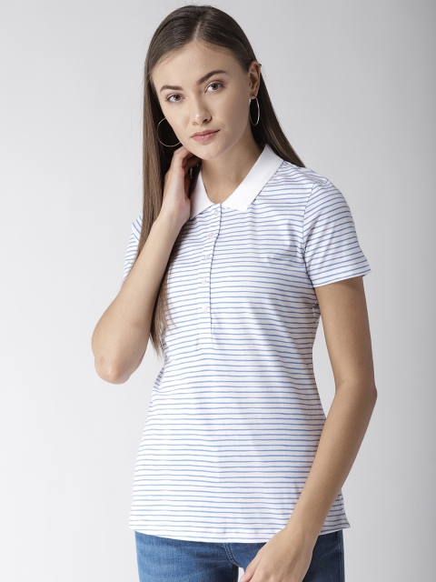 

Marks & Spencer Women White & Blue Striped Polo Collar T-shirt
