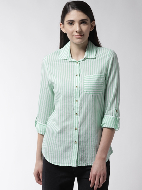 

Marks & Spencer Women Green & White Regular Fit Striped Casual Shirt