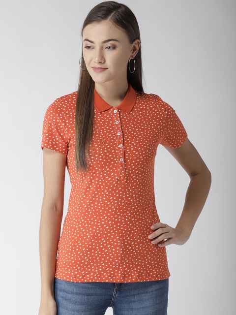 

Marks & Spencer Women Rust Orange & White Printed Polo Collar T-shirt