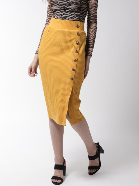 

Marks & Spencer Women Mustard Yellow Self-Striped Pencil Skirt