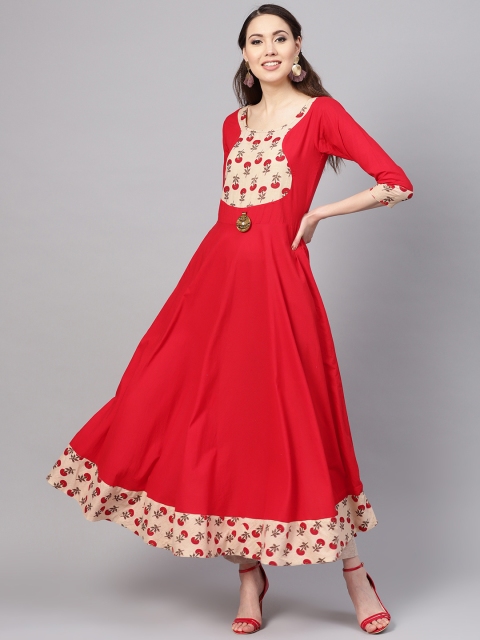 

Myshka Women Red & Beige Yoke Design A-Line Kurta