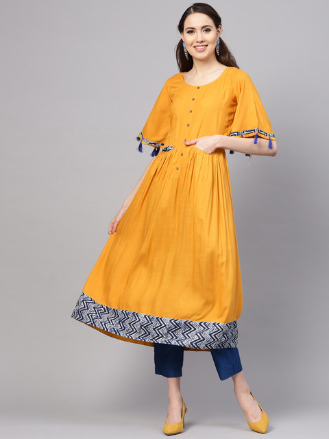 

Myshka Women Mustard Yellow Solid A-Line Kurta