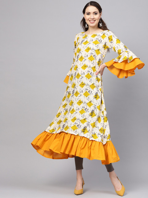 

Myshka Women Beige & Mustard Yellow Printed A-Line Kurta