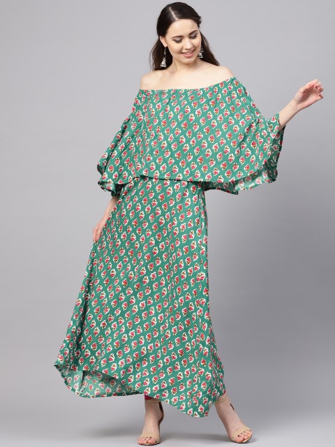 

Myshka Women Green & Pink Printed Bardot A-Line Kurta