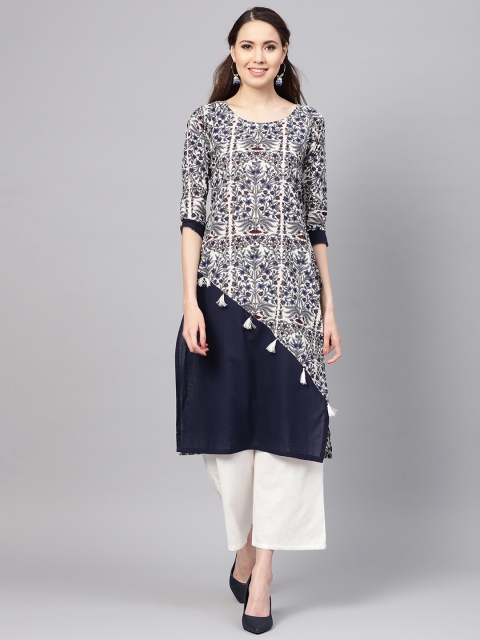 

Myshka Women Off-White & Grey Printed Straight Kurta