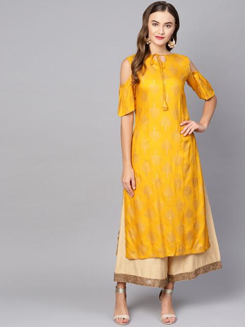 

Myshka Women Mustard Yellow Printed Straight Kurta