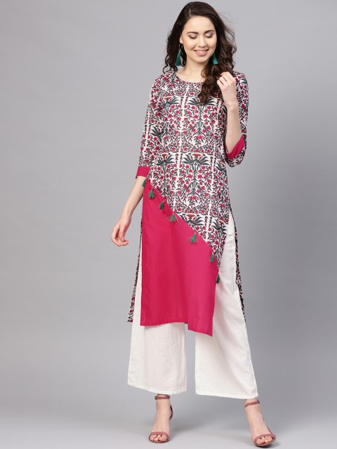 

Myshka Women White & Pink Floral Printed Straight Kurta